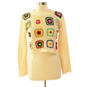Luna & Ivy Cropped Crocheted Sweater Womens M Anthropologie Doily  70s Retro